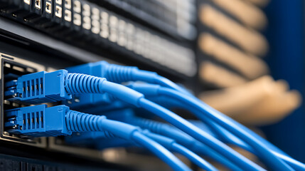 Close-up of vibrant blue network cables plugged into a server panel, illuminating the intricate connections of data flow, a digital backbone of modern communication.