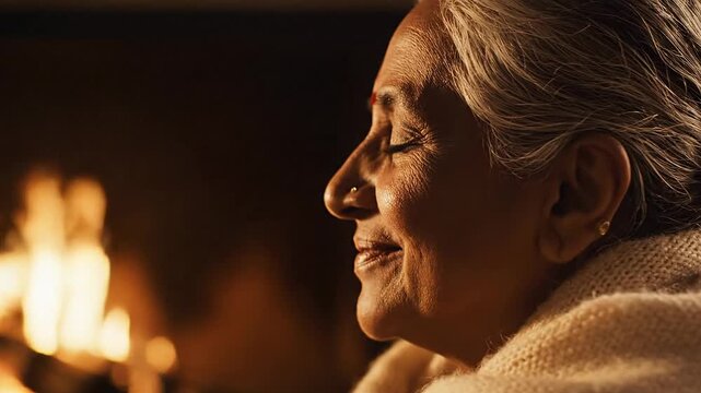 Elderly woman smiling cozy fireplace