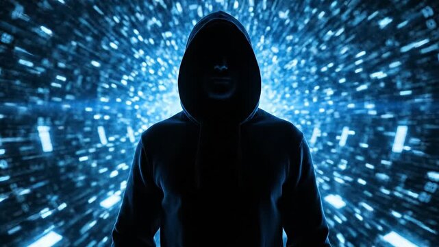 Hacker in digital world with binary code background