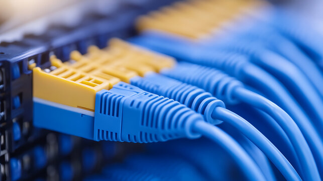 A close up of blue and yellow network cables connecting a structured cabling system that supports a local area network in a business environment.