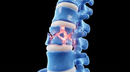 Spinal Fracture Visualization, Human Vertebrae Anatomy, Medical Illustration, Skeletal System, Blue Background, Close-up View, Health Concept