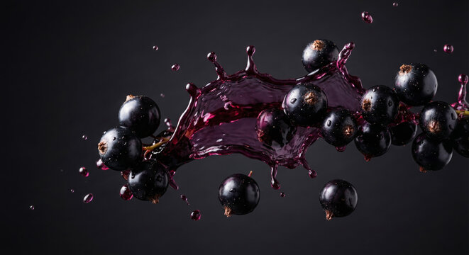 Blackcurrants Suspended in Liquid Motion with Premium Food Concept