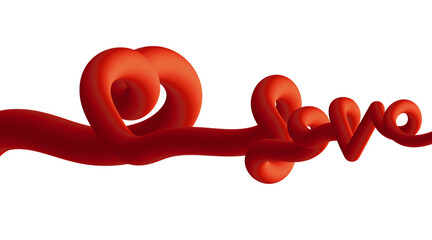 A vibrant red 3D rendered word 'love' with a heart shaped 'l' on a white background, symbolizing affection and passion in a creative way.