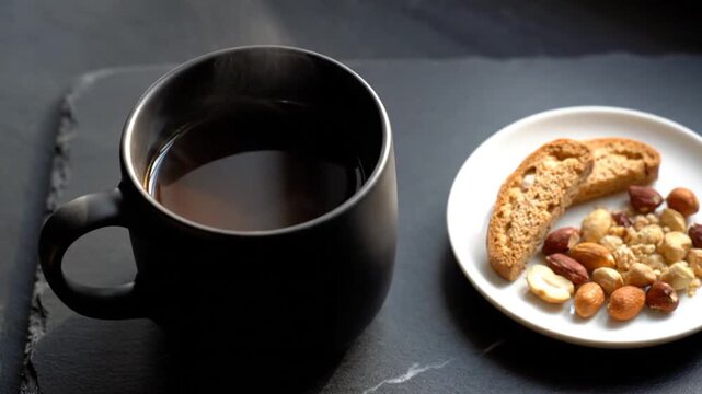 Coffee and snacks on a dark background