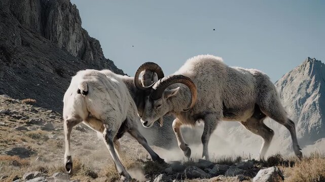 Two Bighorn Sheep Rams Fighting on Rocky Mountain.