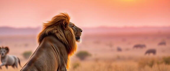 Majestic male African lion with a thick mane surveys its savanna territory under golden light, a powerful symbol of wild Africa, African lion,  nature