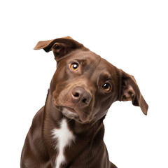 The image shows a brown and white dog with floppy ears looking upwards towards the camera. The dog has a black patch around its nose