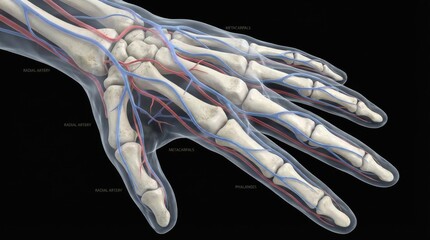 3D Rendered Hand Skeleton Anatomy Showing Bones and Joints in Transparent Skin View for Medical Study and Education