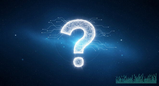 Glowing question mark formed by wireframe structure on a starry, dark blue background, representing uncertainty, knowledge, or technology questions - Powered by Adobe