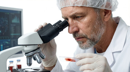 A professional scientist in a lab coat and surgical cap looking through a microscope at a blood sample slide in a laboratory