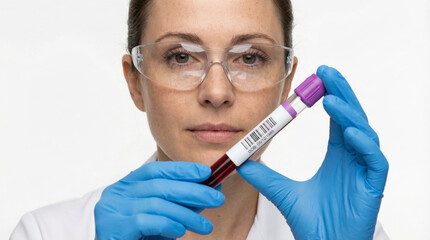 Female scientist holding blood sample test tube with barcode looking at camera. Researcher wearing safety glasses and blue gloves