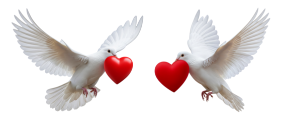 Set of white dove in flight with heart isolated on white background