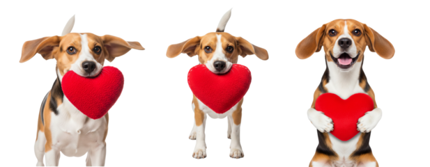 Set of puppies with red heart isolated on white