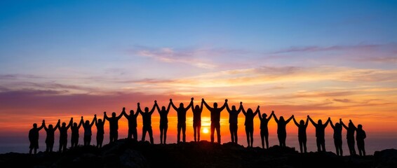Group Celebration at Sunset Silhouette of People Holding Hands Outdoors Wide View Nature Event