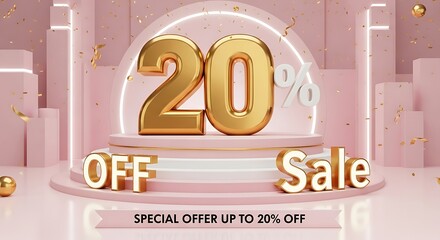 20% off sale promotion with gold letters on pink background