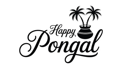 Happy Pongal festival elegant black typography illustration with palm trees traditional harvest celebration greeting design isolated on white background © Zavivec