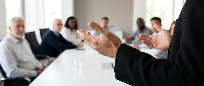 Business Presentation Meeting with Professional Speaker Addressing Colleagues in Modern Office Environment, Focused on Team Collaboration and Strategy
