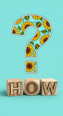 Question mark filled with sunflower pattern above wooden cubes with 