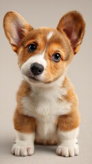 cute baby corgi puppy head tilt, playful expression, soft natural light, clean background, ultra realistic fur