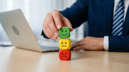 Businessman Evaluating Customer Feedback Using Emotion Cubes at Office Desk with Laptop, Concept of Workplace Satisfaction and Emotion Analysis