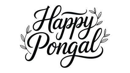 Happy Pongal festival elegant calligraphy typography illustration with floral leaves decoration traditional harvest greeting design isolated on white © Zavivec