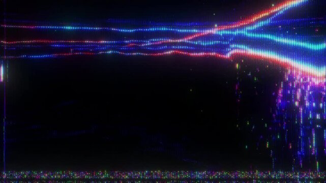 K Digital glitch signal arc animation, bright RGB energy streaks cutting through dark screen, horizontal scanlines and noise interference, chromatic distortion and particle breakup, electronic