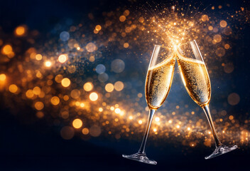 Festive New Year Celebration with Champagne Glasses Toasting Amid Golden Fireworks and Sparkling Bokeh Lights for Holiday Promotion