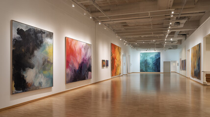 A modern art exhibition in a spacious gallery with large abstract paintings on white walls and minimalist interior design.
