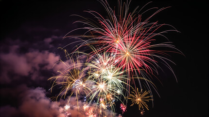 Vibrant Fireworks Exploding in Dark Sky with Colorful Bursts