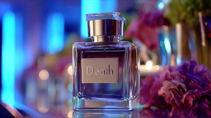 Decanter, carafe of whisky named "Death" on bar counter, depicting the dangers of excessive drinking