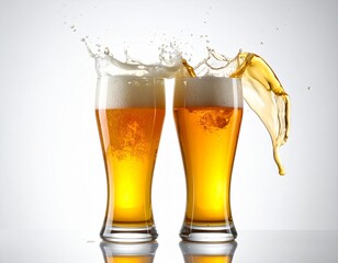 Clinking Beer Glasses with Splash and Foam in Mid-Air
