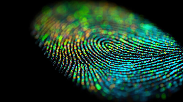 Glowing fingerprint on black background, close-up