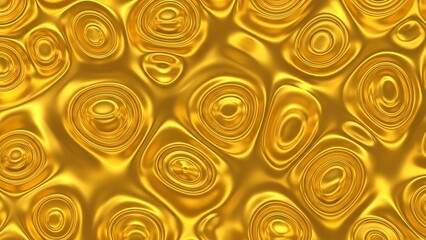 Abstract golden liquid surface with concentric circular ripples and organic shapes