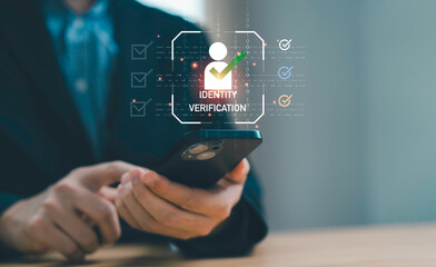 Mobile identity verification concept with smartphone interface shows secure user authentication digital validation data protection online access and trusted verification process on modern applications