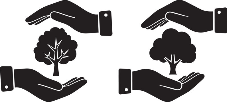 Hands protecting trees icon set, environmental protection and nature care concept