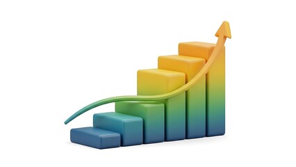 A 3D illustration of a bar graph shows growth