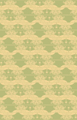 Abstract vector pattern with yellow swirls, sun, leaves on green background.