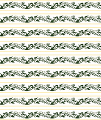 Small and large leaves, buds in the Old Russian style form a horizontal ornament in a seamless design.