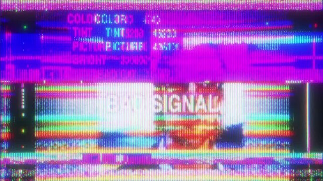 4K CRT bad signal screen animation, broadcast error message and color bars with RGB noise glitch, scanlines and chromatic distortion, unstable analog transmission look, broken television interface