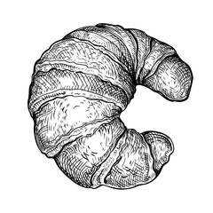 Vector illustration of a Croissant. Hand drawn sketch of French Viennoiserie in a crescent shape made from a laminated yeast dough. Sweet baked breakfast pastries. Food menu design element