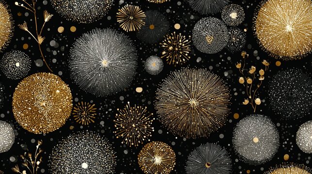 A seamless repeating pattern against a dark background in metallic gold and silver tones, featuring stylized rotating fireworks, classic clock faces, and bubbling champagne glasses.