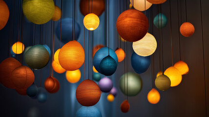 Various colorful balloon lights are hung at different heights with soft ambient light.