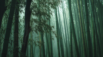 Tall bamboo forest during gentle rain, vertical composition, soft green tones