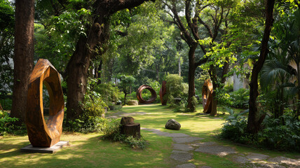 An outdoor art exhibition in a park setting with sculptures displayed among trees and greenery.