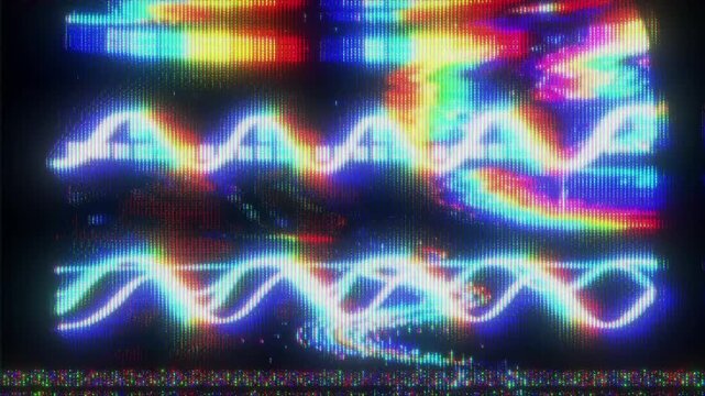 4K Retro CRT waveform screen animation, multicolor analog signal lines and oscillating audio patterns, heavy scanlines and noise interference, chromatic distortion and broadcast artifacts, glitch