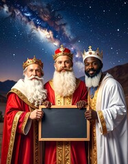 Tres Reyes Magos con coronas doradas y t&uacute;nicas elegantes posan sonrientes sosteniendo una pizarra vac&iacute;a, en una escena navide&ntilde;a m&aacute;gica bajo un cielo nocturno iluminado.