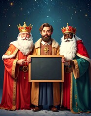 Tres Reyes Magos con coronas doradas y t&uacute;nicas elegantes posan sonrientes sosteniendo una pizarra vac&iacute;a, en una escena navide&ntilde;a m&aacute;gica bajo un cielo nocturno iluminado.