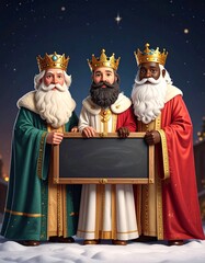Tres Reyes Magos con coronas doradas y t&uacute;nicas elegantes posan sonrientes sosteniendo una pizarra vac&iacute;a, en una escena navide&ntilde;a m&aacute;gica bajo un cielo nocturno iluminado.