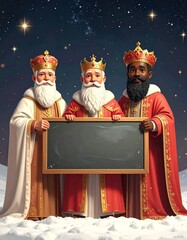 Tres Reyes Magos con coronas doradas y t&uacute;nicas elegantes posan sonrientes sosteniendo una pizarra vac&iacute;a, en una escena navide&ntilde;a m&aacute;gica bajo un cielo nocturno iluminado.