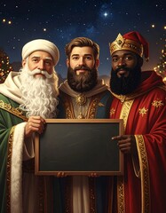 Tres Reyes Magos con coronas doradas y t&uacute;nicas elegantes posan sonrientes sosteniendo una pizarra vac&iacute;a, en una escena navide&ntilde;a m&aacute;gica bajo un cielo nocturno iluminado.